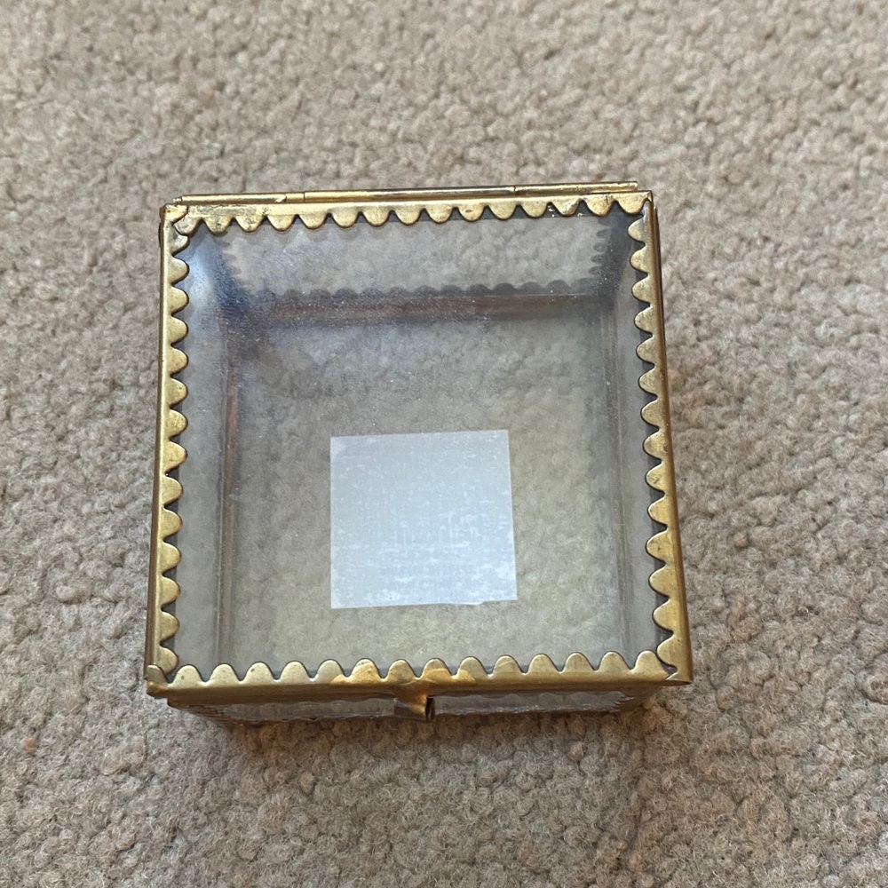Glass Jewelry Trinket Box with Scalloped Brass Frame